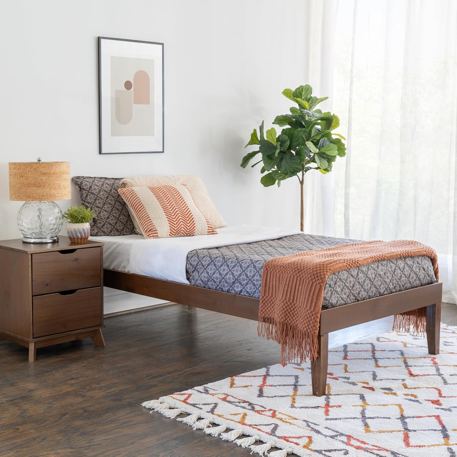 Powell Fordham Walnut Solid Pine Wood Twin Sized Platform Bed and Two Drawer Nightstand