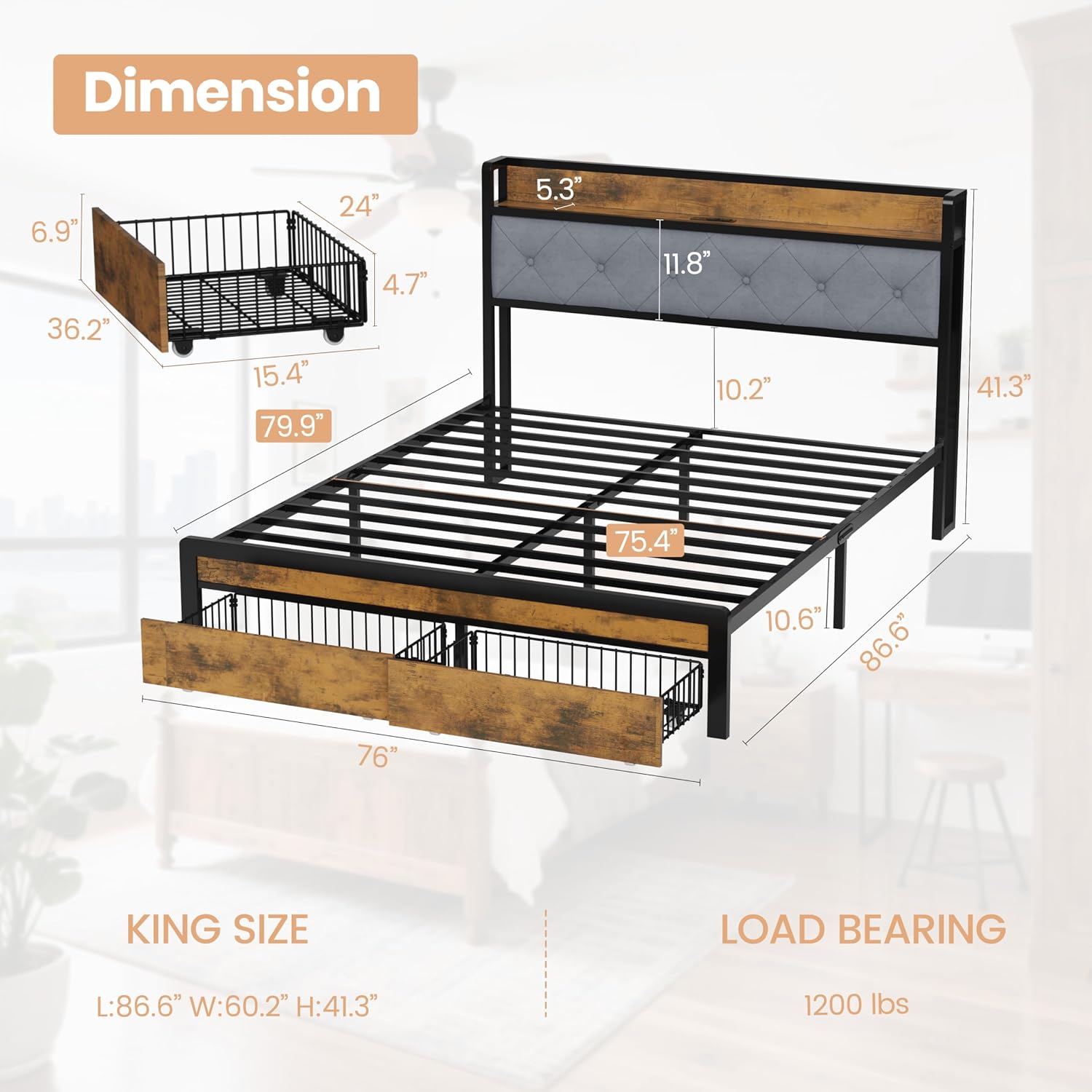 Flolinda King Size Bed Frame with 2 Storage Drawers and LED Lights, Upholstered Headboard with Storage Shelf and Charging Station, Metal Platform Bed Frame King Size, Noise Free, No Box Spring Needed