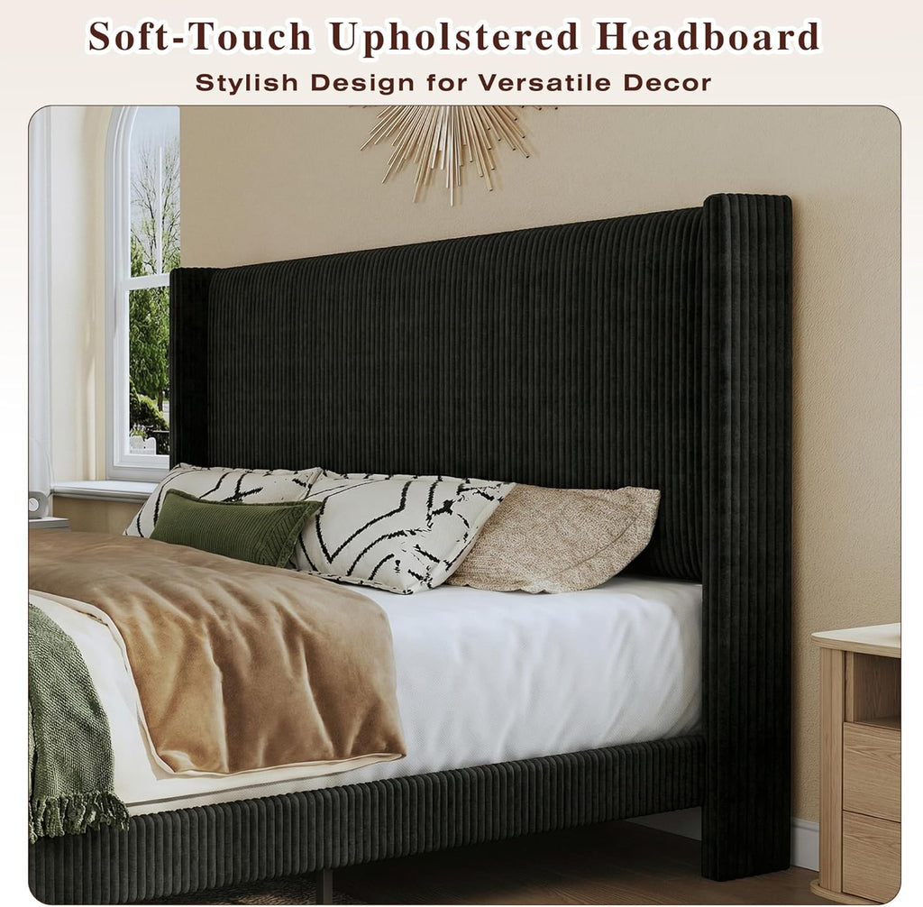 HUAHUU Queen Bed Frame with 51.2' Tall Headboard, Corduroy Upholstered Bed Frame with Wingback, Platform Bed with Wooden Slats Support, Easy Assembly, No Box Spring Needed, Black