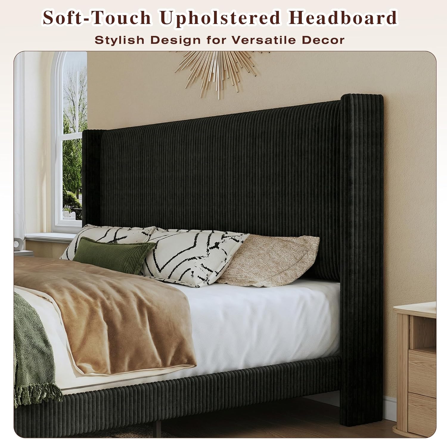 HUAHUU Queen Bed Frame with 51.2' Tall Headboard, Corduroy Upholstered Bed Frame with Wingback, Platform Bed with Wooden Slats Support, Easy Assembly, No Box Spring Needed, Black