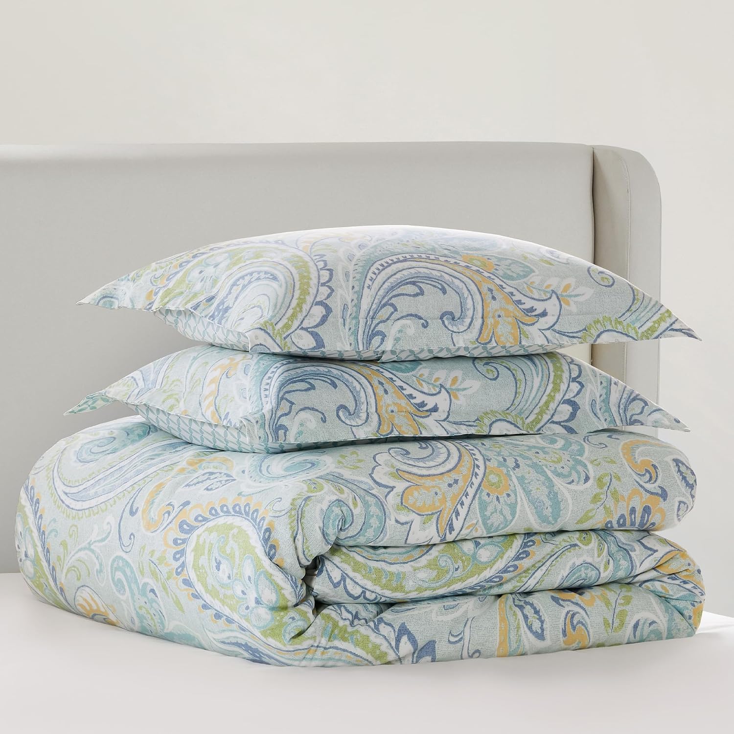 Levtex Home - Cortona Paisley Comforter Set - Full/Queen Comforter (90 x 94in.)+ Two Standard Pillow Cases (26 x 20in.) - Paisley - Green, Yellow, Blue, and White - Cotton