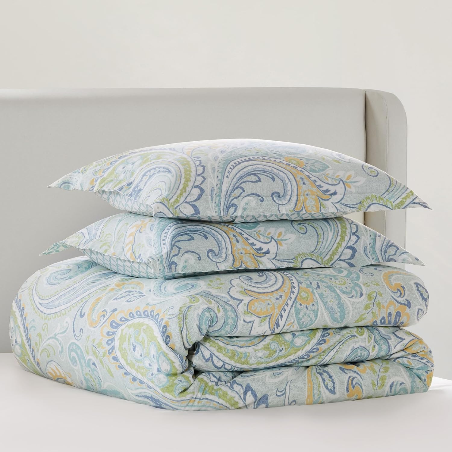 Levtex Home - Cortona Paisley Duvet Cover Set - King Duvet Cover (106 x 94in.) + Two King Pillow Cases (36 x 20in.) - Paisley - Green, Yellow, Blue, and White - Cotton