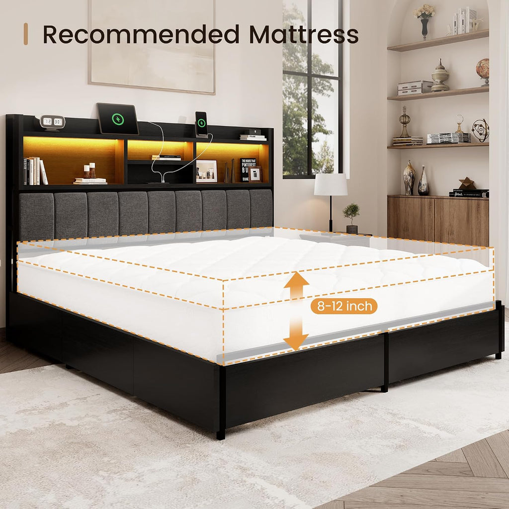 BRELTAM Queen Bed Frame with 6 Storage Drawers, Linen Upholstered Headboard, Built-in USB Charging Station & LED Lighting, Silent Metal Support, No Box Spring Needed, Vintage Black