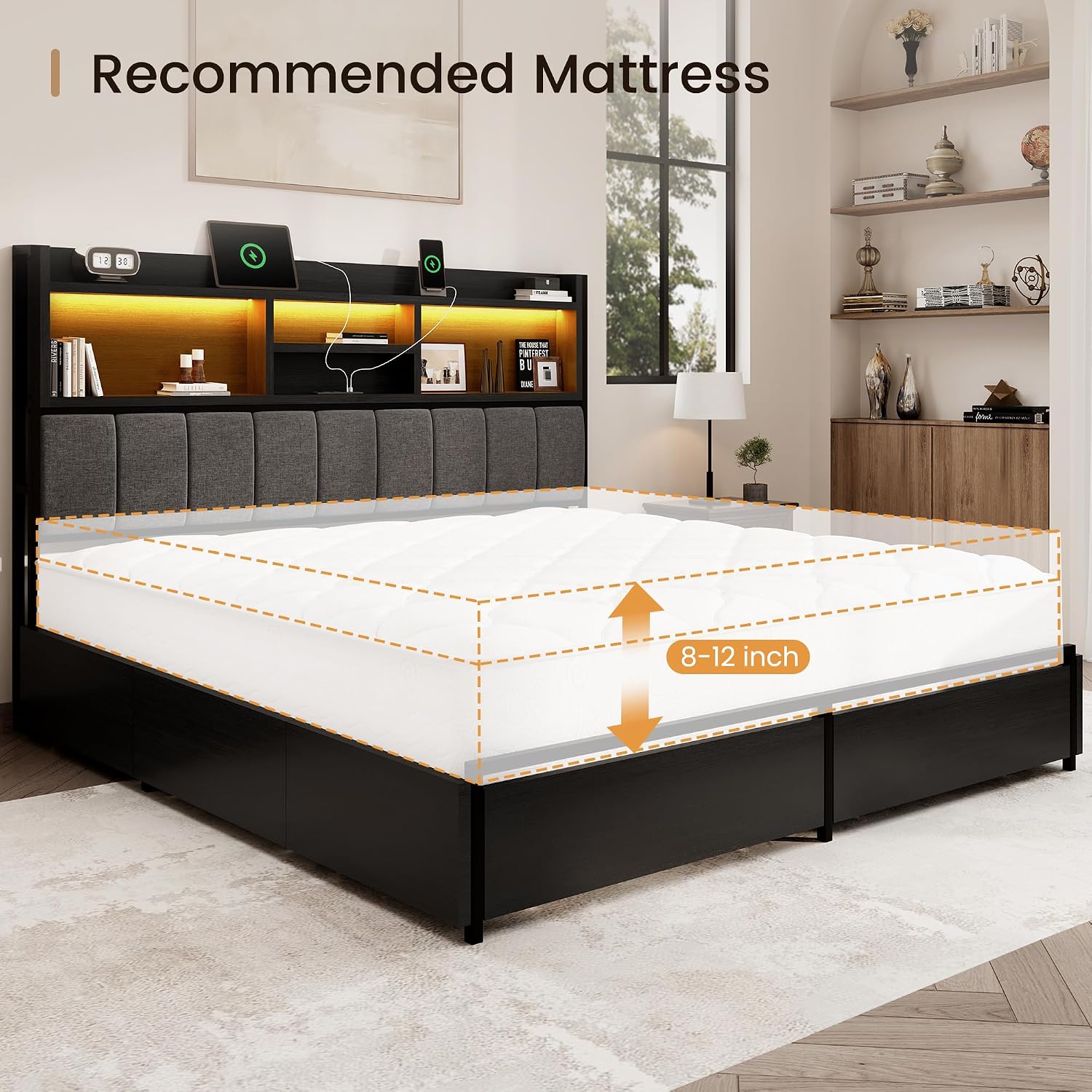 BRELTAM Queen Bed Frame with 6 Storage Drawers, Linen Upholstered Headboard, Built-in USB Charging Station & LED Lighting, Silent Metal Support, No Box Spring Needed, Vintage Black