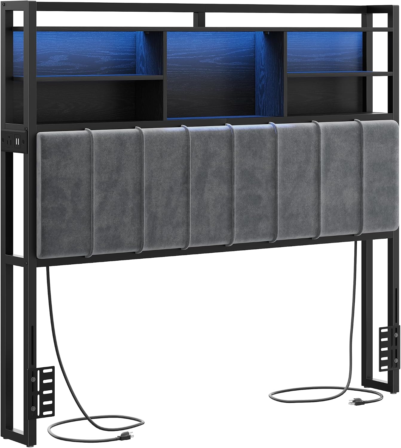 Hzuaneri Headboard with 3-Tier Storage Shelves, Velvet Upholstered Head Board with 2 Outlets, USB Ports & LED Light, Soft Backrest for Queen Size Bed, Black BH15204B