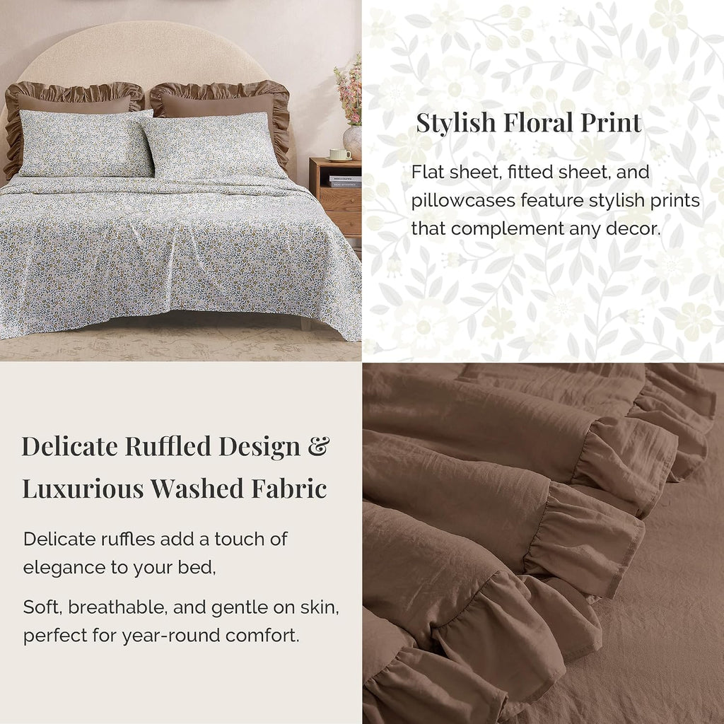BLOOMHAVEN Oversized King Comforter Set - 7 Pieces Ruffle Amber Brown Bedding Sets, Shabby Chic Farmhouse Bed in a Bag with Ruffle Comforter, Floral Sheets, Pillowcases & Shams