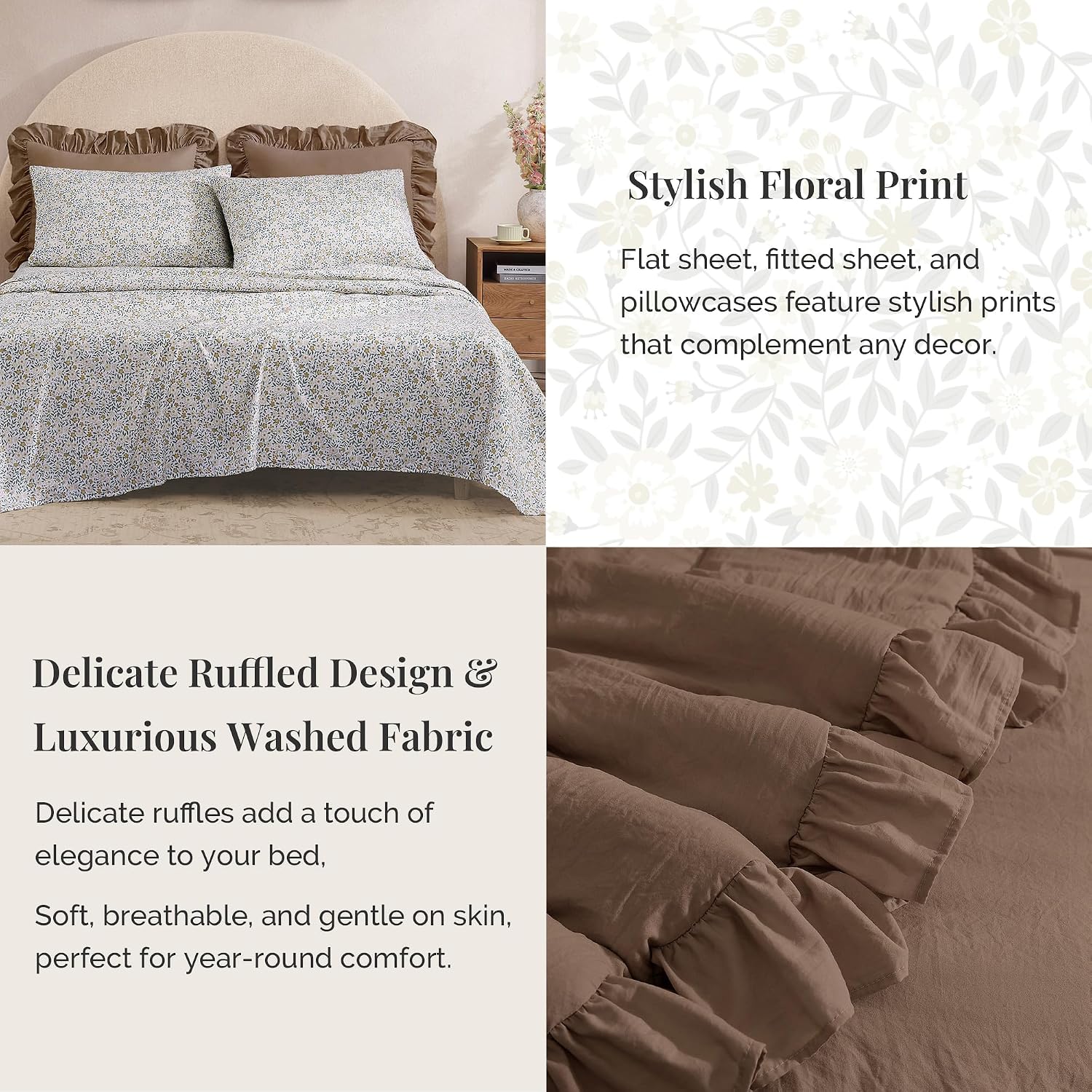 BLOOMHAVEN Oversized King Comforter Set - 7 Pieces Ruffle Amber Brown Bedding Sets, Shabby Chic Farmhouse Bed in a Bag with Ruffle Comforter, Floral Sheets, Pillowcases & Shams