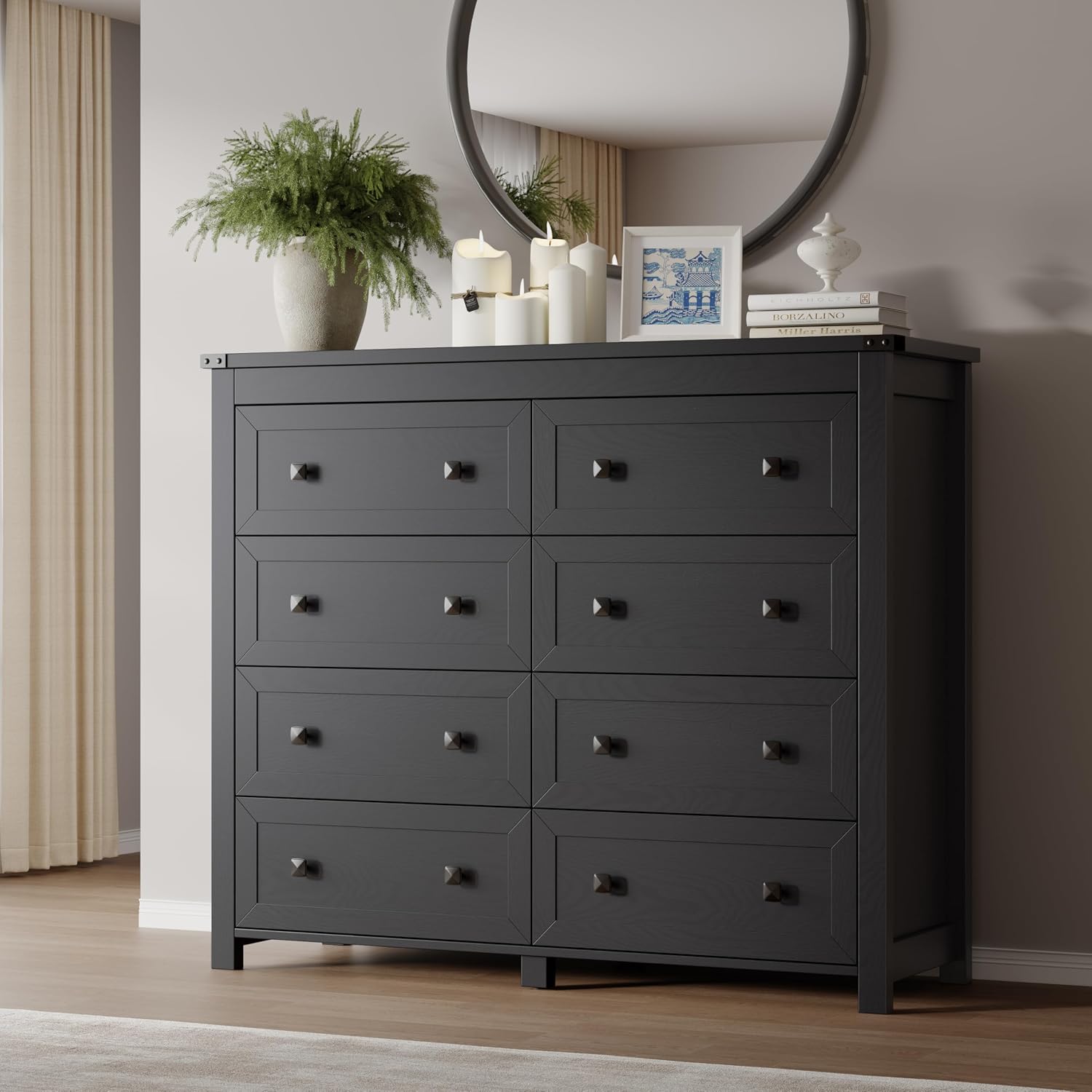 BORNOON Tall 8-Drawer Dresser, Modern Wooden Storage Chest of Drawers, Dresser TV Stand, Wood Drawer Organizer with Metal Handles for Bedroom, Living Room, Hallway