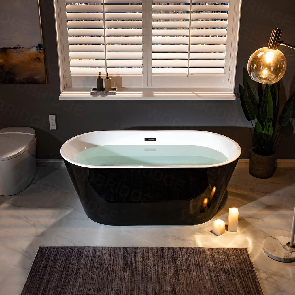 WOODBRIDGE 59' Acrylic Freestanding Bathtub Contemporary Soaking Black Tub with Matte Black Overflow and Drain，B1814-MB