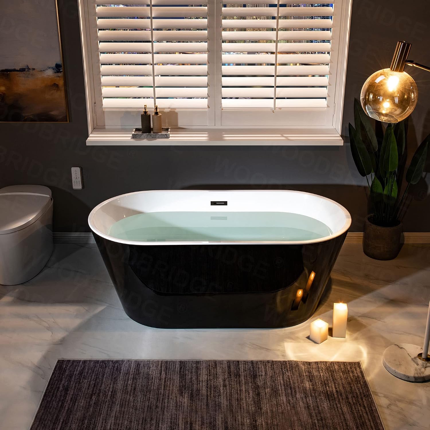 WOODBRIDGE 59' Acrylic Freestanding Bathtub Contemporary Soaking Black Tub with Matte Black Overflow and Drain，B1814-MB