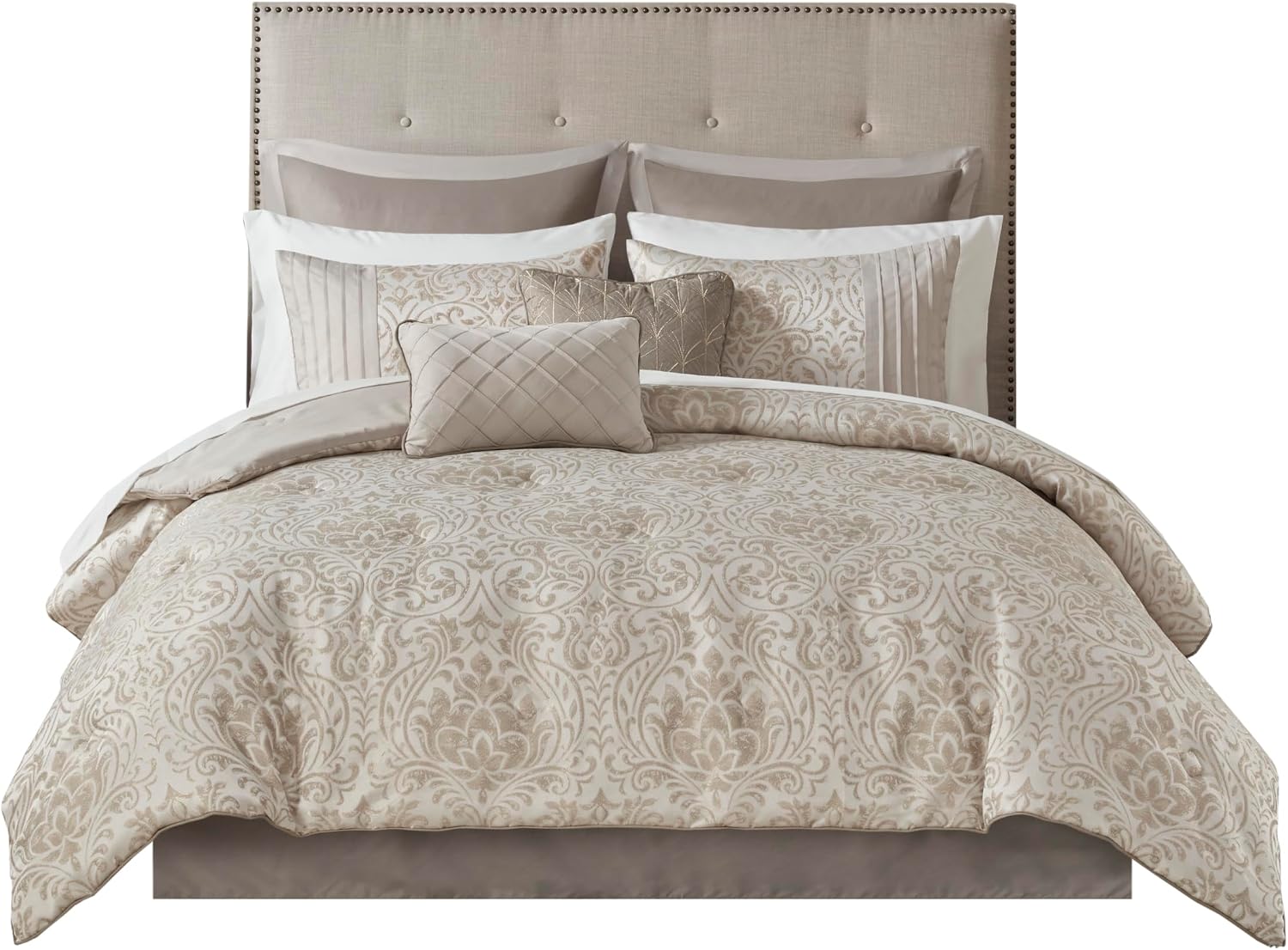 Madison Park Emilia Bed in a Bag Comforter Set with Sheets, Gold Metallic Jacquard Damask Design, Traditional, All Season Bedding Includes Bedskirt, Shams, Toss Pillows, King Khaki/Gold 12 Piece