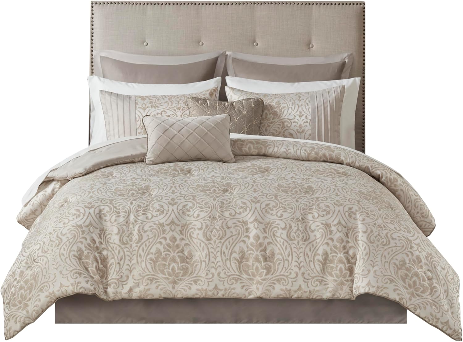 Madison Park Emilia Bed in a Bag Comforter Set with Sheets, Gold Metallic Jacquard Damask Design, Traditional, All Season Bedding Includes Bedskirt, Shams, Toss Pillows, Cal King Khaki/Gold 12 Piece