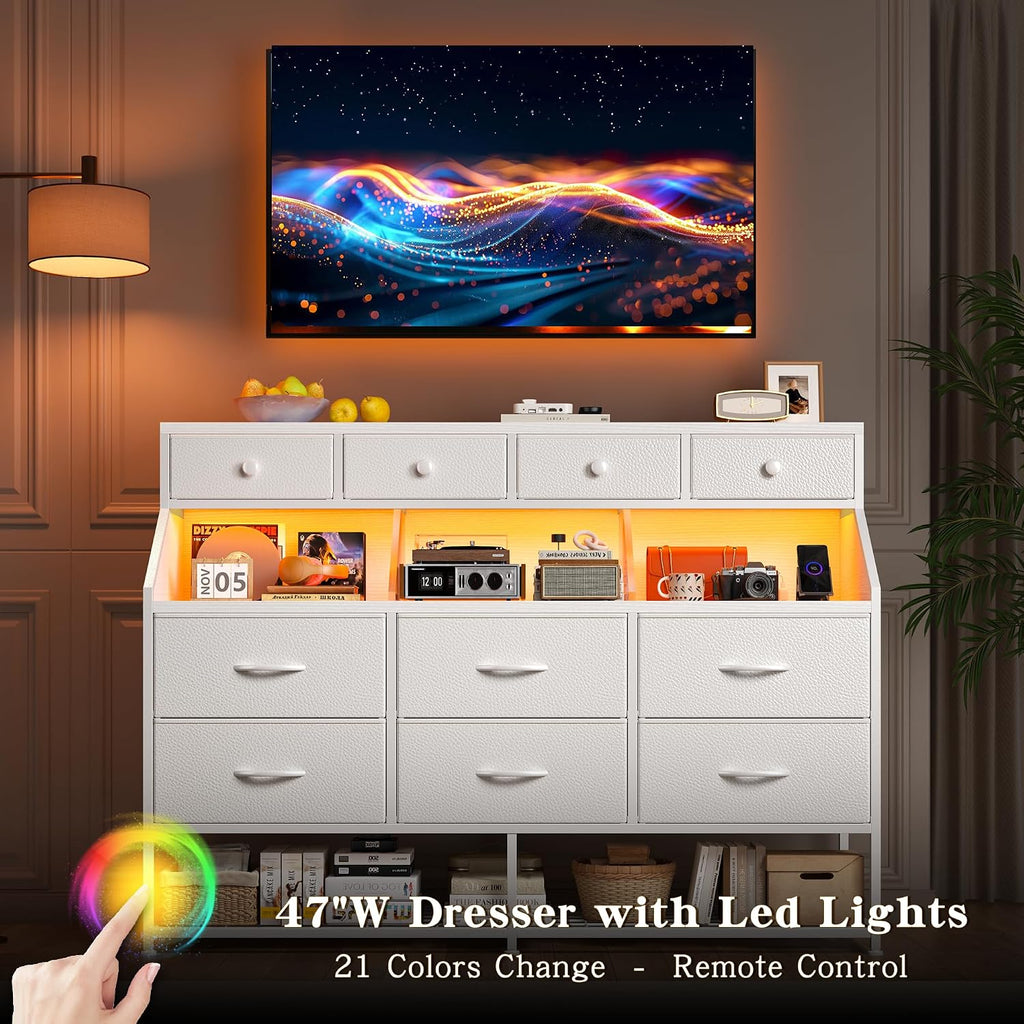 EnHomee Dresser for Bedroom with 10 Drawers & Shoe Rack Fabric Dressers & Chests of Drawers with LED Lights and Power Outlets Bedroom Dresser for Entryway, Hallway(White)