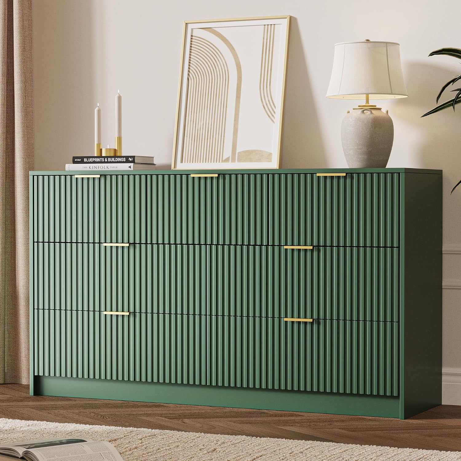 MAISONARIA 3-Piece Dresser Bedroom Set, 7 Drawer Dresser & 3 Drawer Nightstands with Gold Handles, Fluted Wood Chest of Drawers for Bedroom, Living Room, Entryway, Green