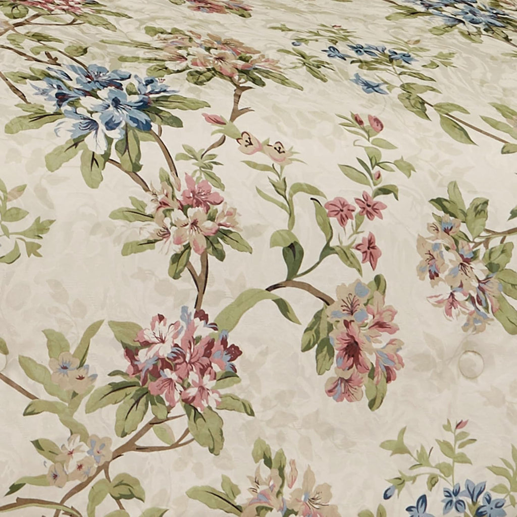 Chatsworth Cottage Country Polyester Jacquard Woven Bedding | Classic Traditional Flower Stripe Floral | Cream Ivory Rose Sage Blue Latte | Washable | 4 Pc Set Cal King Comforter, Bedskirt, 2 Shams