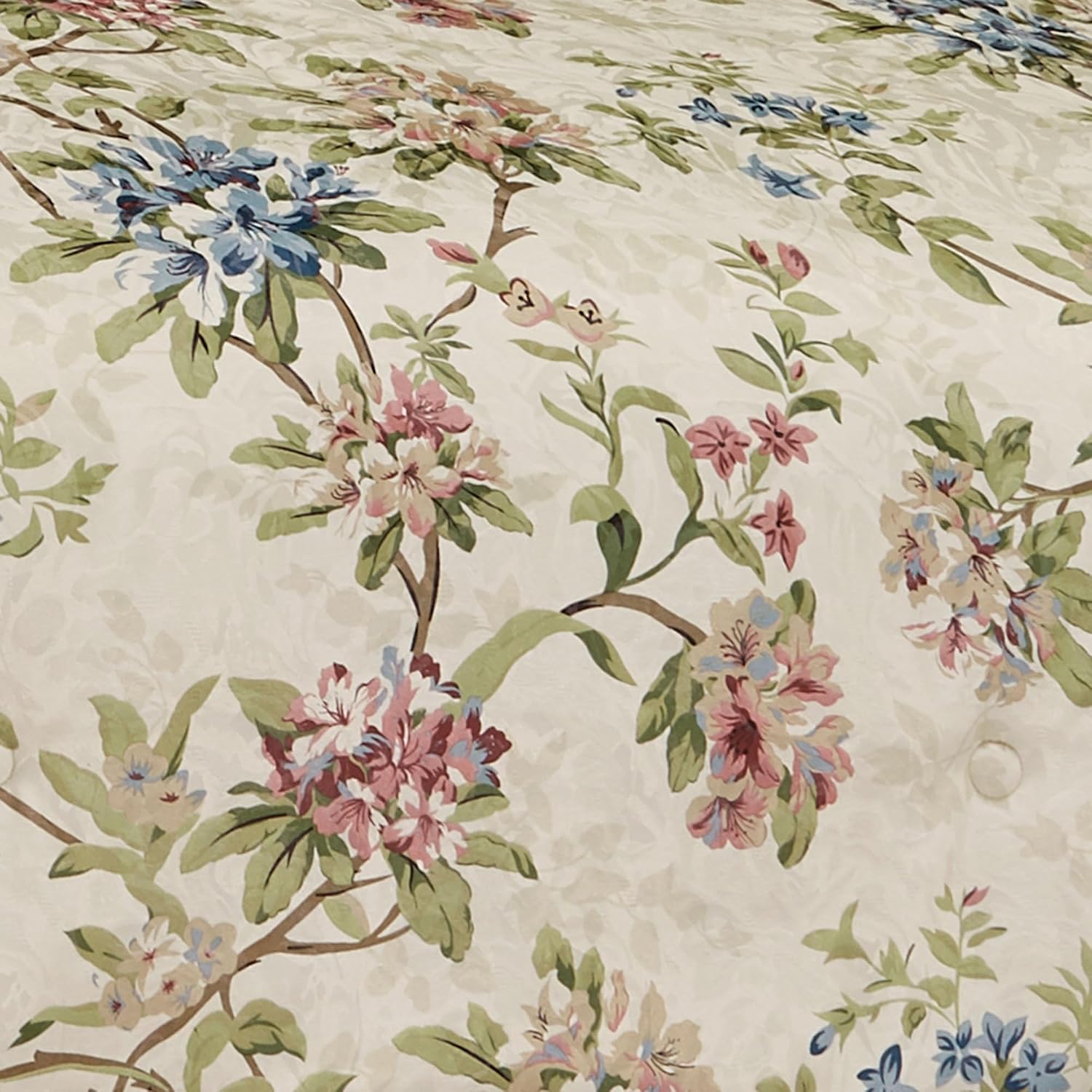 Chatsworth Cottage Country Polyester Jacquard Woven Bedding | Classic Traditional Flower Stripe Floral | Cream Ivory Rose Sage Blue Latte | 7 Pc Set Queen Comforter, Bedskirt, 2 Shams, 3 Pillows