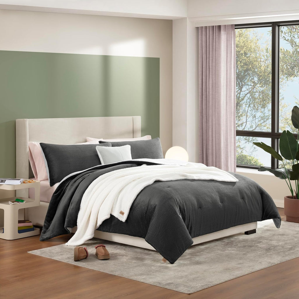 UGG Remina Comforter Set 5 Piece Bed in a Bag with Throw Blanket, Decorative Pillow, Shams, and Reversible Comforter Hypoallergenic Washable Luxury Plush Warm Fluffy Bedding Set, King, Charcoal Grey