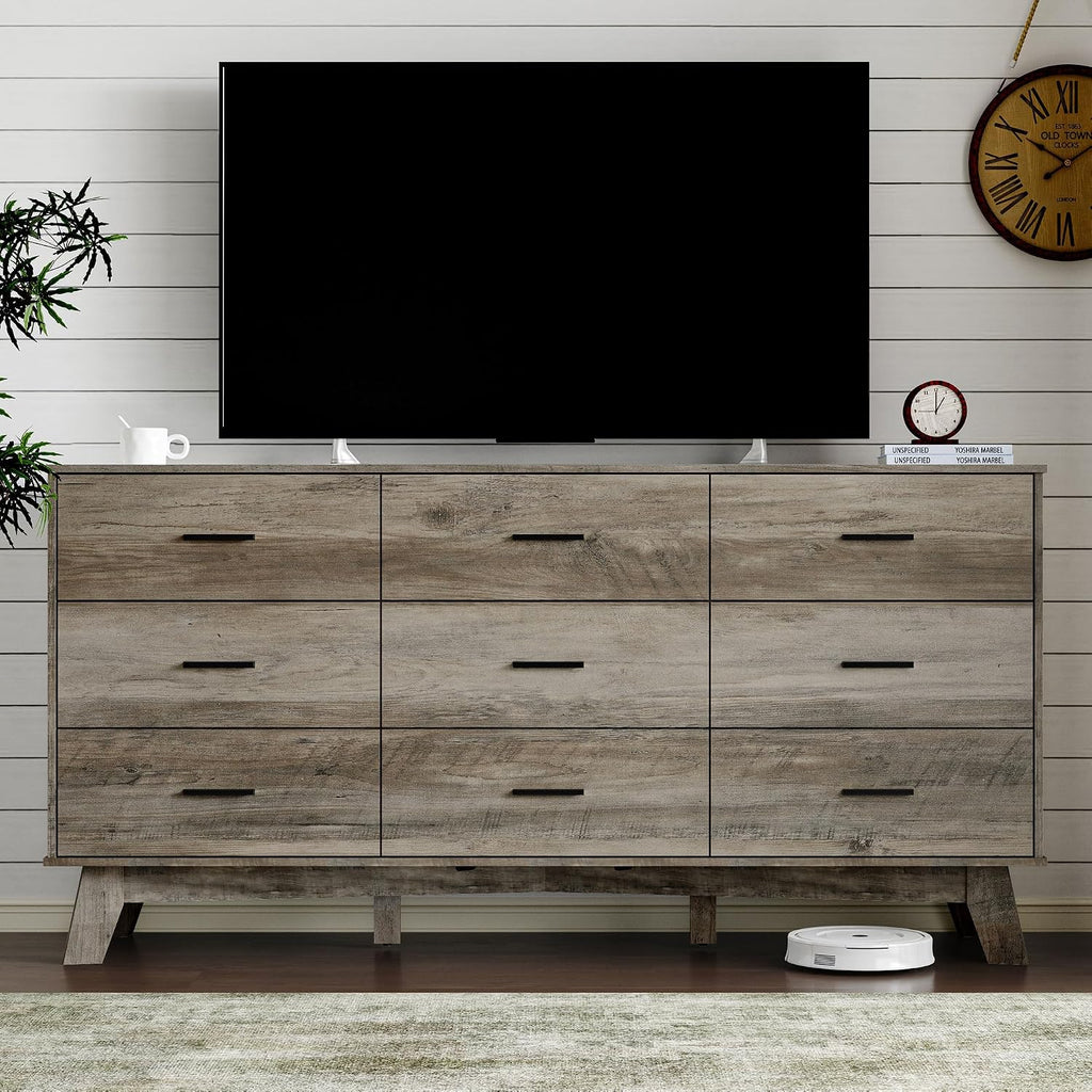 BORNOON Dresser for Bedroom with 9-Drawer, 59' Wide Modern Chest of Drawers with Metal Handles, X-Shape Base & Adjustable Center Leg, Anti-Tip Closet Organizers and Storage