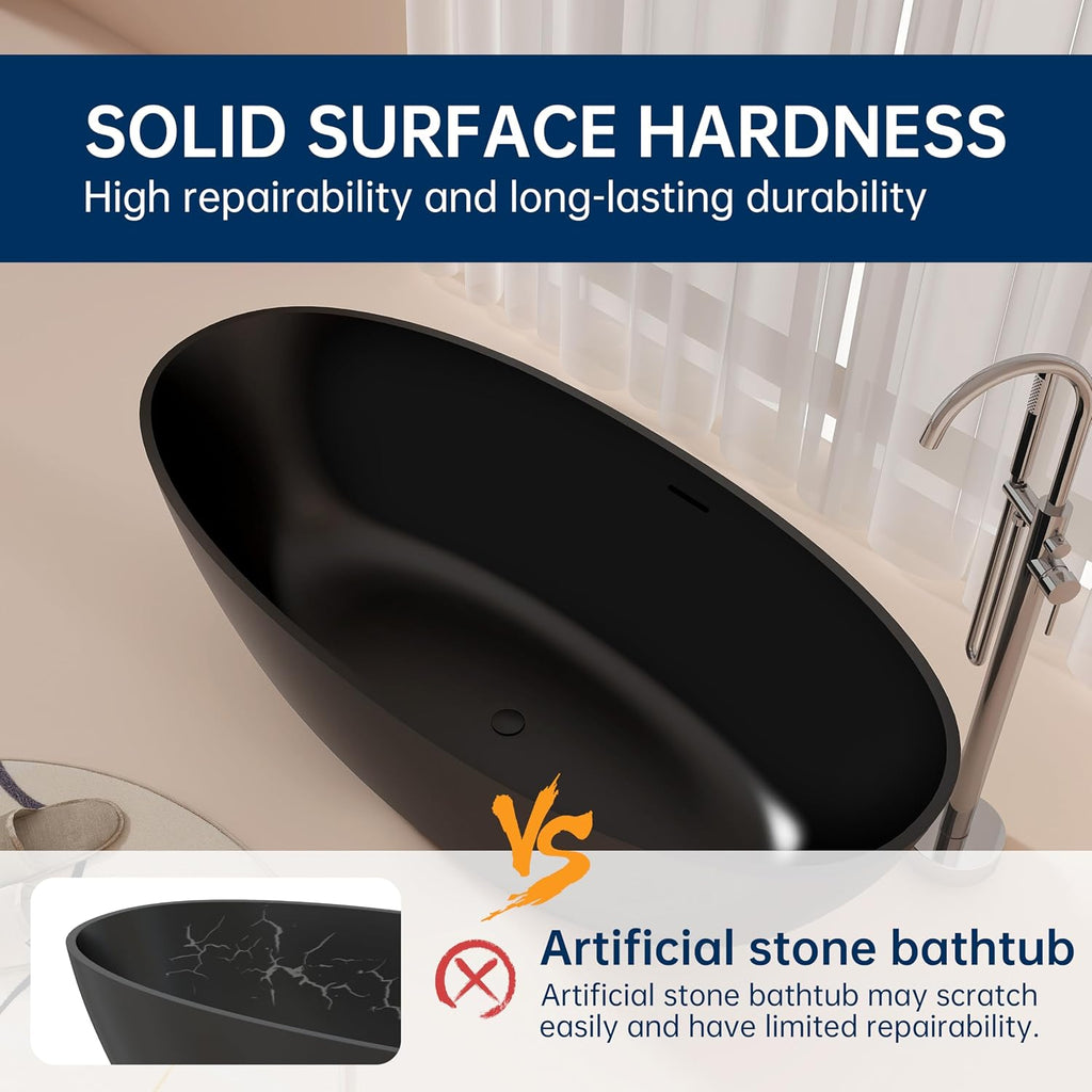 65' Stone Resin Freestanding Bathtub, Oval Solid Surface Bathroom Freestanding Tubs,Stand Alone Soaking Tub with Drain & Integrated Slotted Overflow Matte black