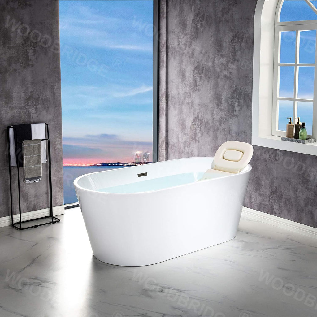 WOODBRIDGE 67' Freestanding Acylic Soaking Bathtub with White, Drain and Overflow inMatte, BTA1513-MB-Drain &O+ Pillow, Matte Black