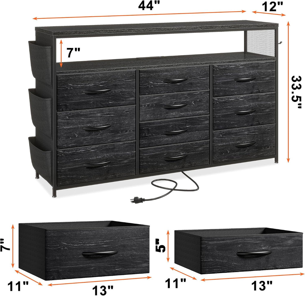 EnHomee Dresser for Bedroom with 10 Drawers, 55' TV Stands with LED Lights & Power Outlets, Dressers with Shelves & Side Pockets, Hooks for Hallway,Charcoal Black
