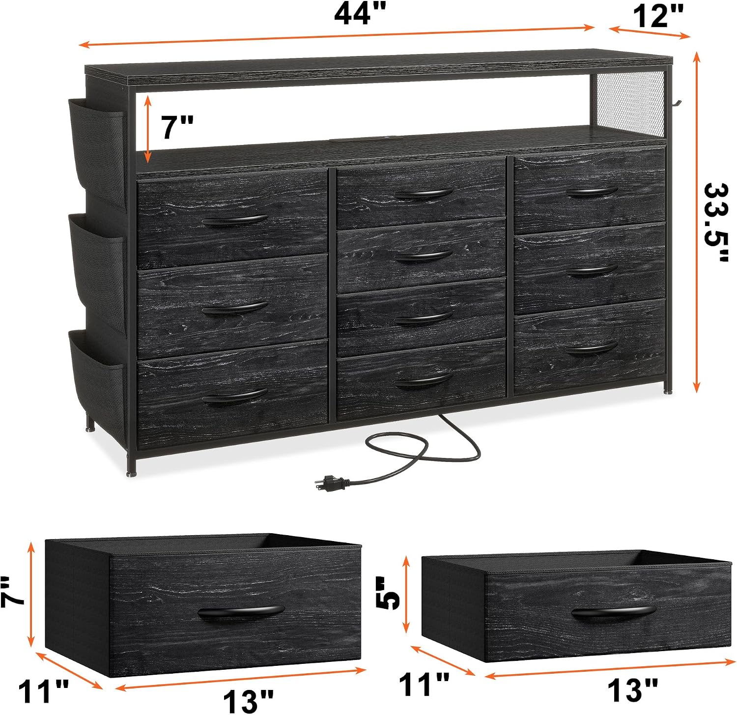 EnHomee Dresser for Bedroom with 10 Drawers, 55' TV Stands with LED Lights & Power Outlets, Dressers with Shelves & Side Pockets, Hooks for Hallway,Charcoal Black