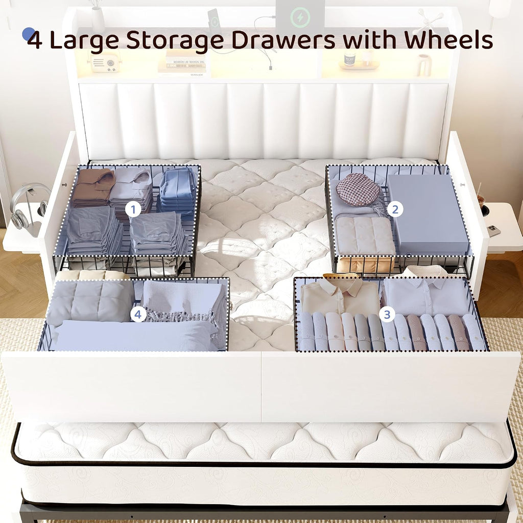 BRELTAM Queen Bed Frame with Headboard,4 Storage Drawers,and Built-in Adjustable Desk,Charging Station,Easy Assembly,No Box Spring Needed,White