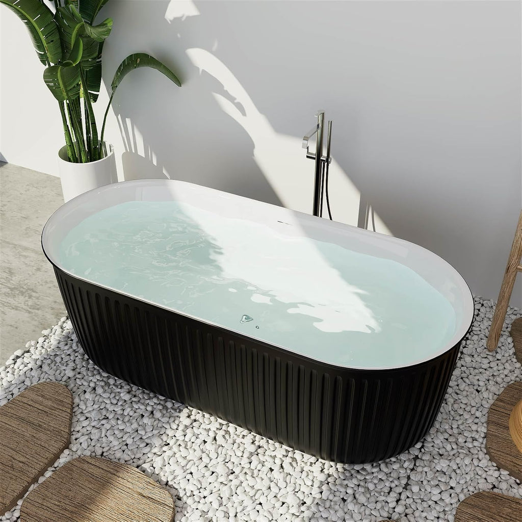 67' Freestanding Bathtub Double Ended Shape,Painted Ripple Bathtub，Soaking Tub with Integrated Slotted Overflow, Toe-Tap Chrome Drain, cUPC Certified,Black