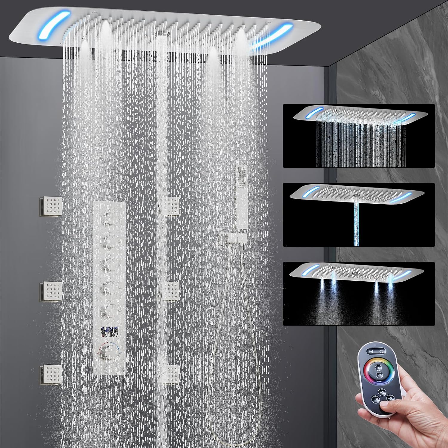 AYIVG Brushed Nickel Thermostatic Rainfall Shower System 16 x 26 Inch Temperature Display Shower Faucet System with Body Jets Smart Ceiling Mount Multi Function 64 Color LED Rainfal Shower Set