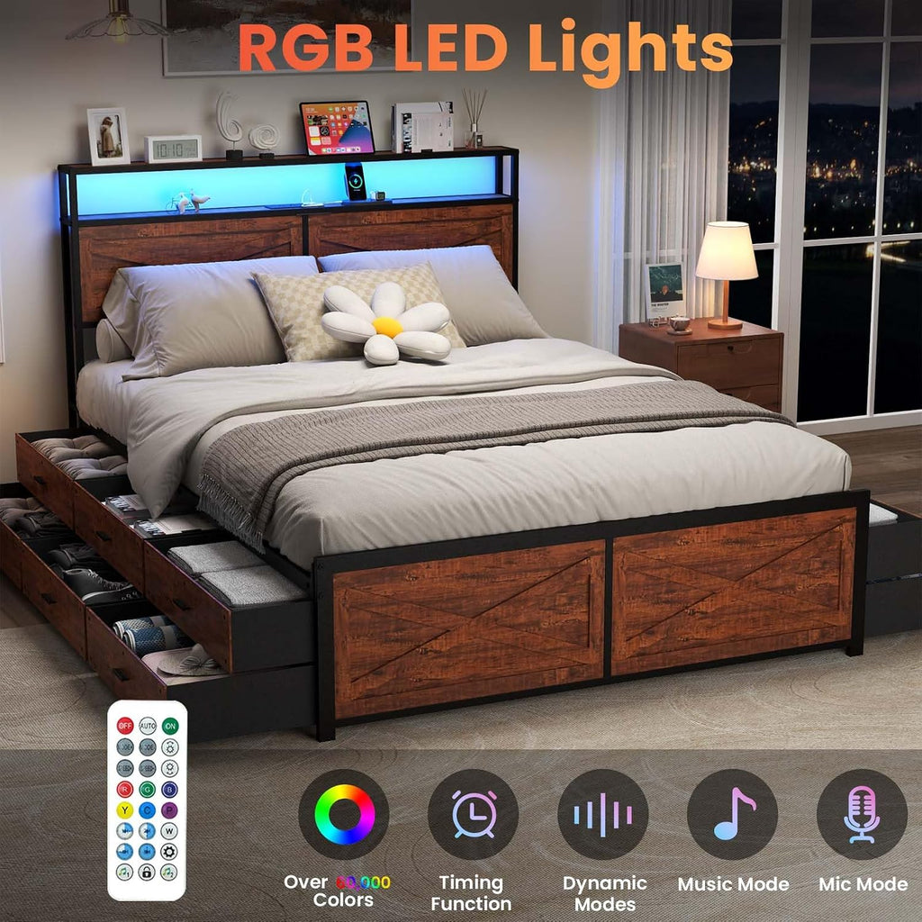 Kiivakii Queen Size Bed Frame with 12 Storage Drawers, LED Headboard with Charging Station, Metal Platform Bed Frame, No Box Spring Needed, Noise-Free, Stable and Solid, Brown