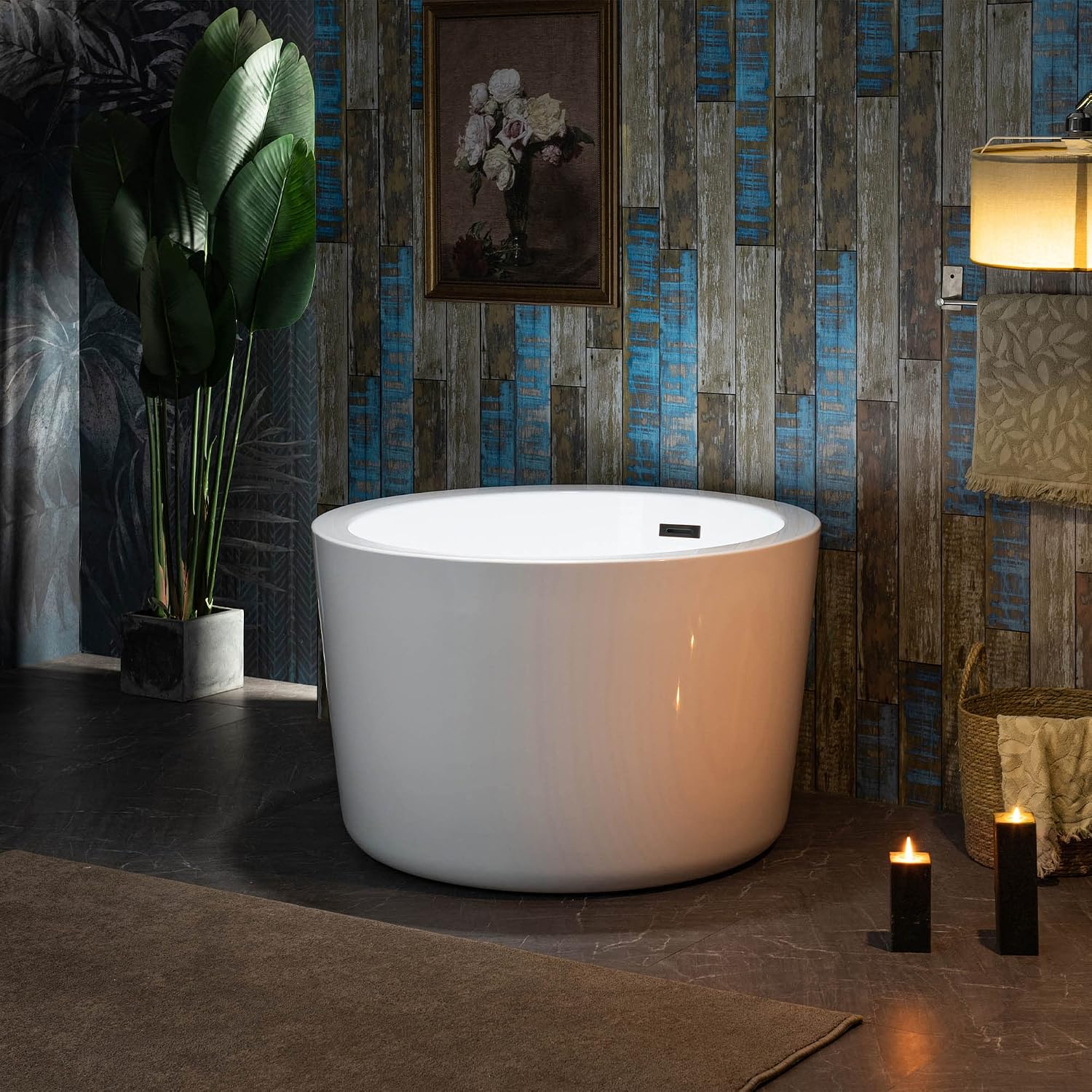 WOODBRIDGE 41' Acrylic Freestanding Round Contemporary Soaking Tub with Pre-molded Seat and Oil-Rubbed Bronze Overflow and Drain Option, White