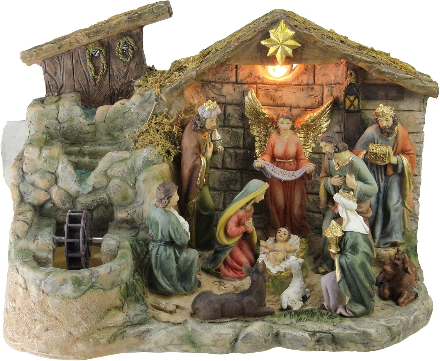 NORTHLIGHT 11-Piece Pre-Lit Brown Christmas Nativity Figurine Set with Water Fountain 11' - Warm White Light