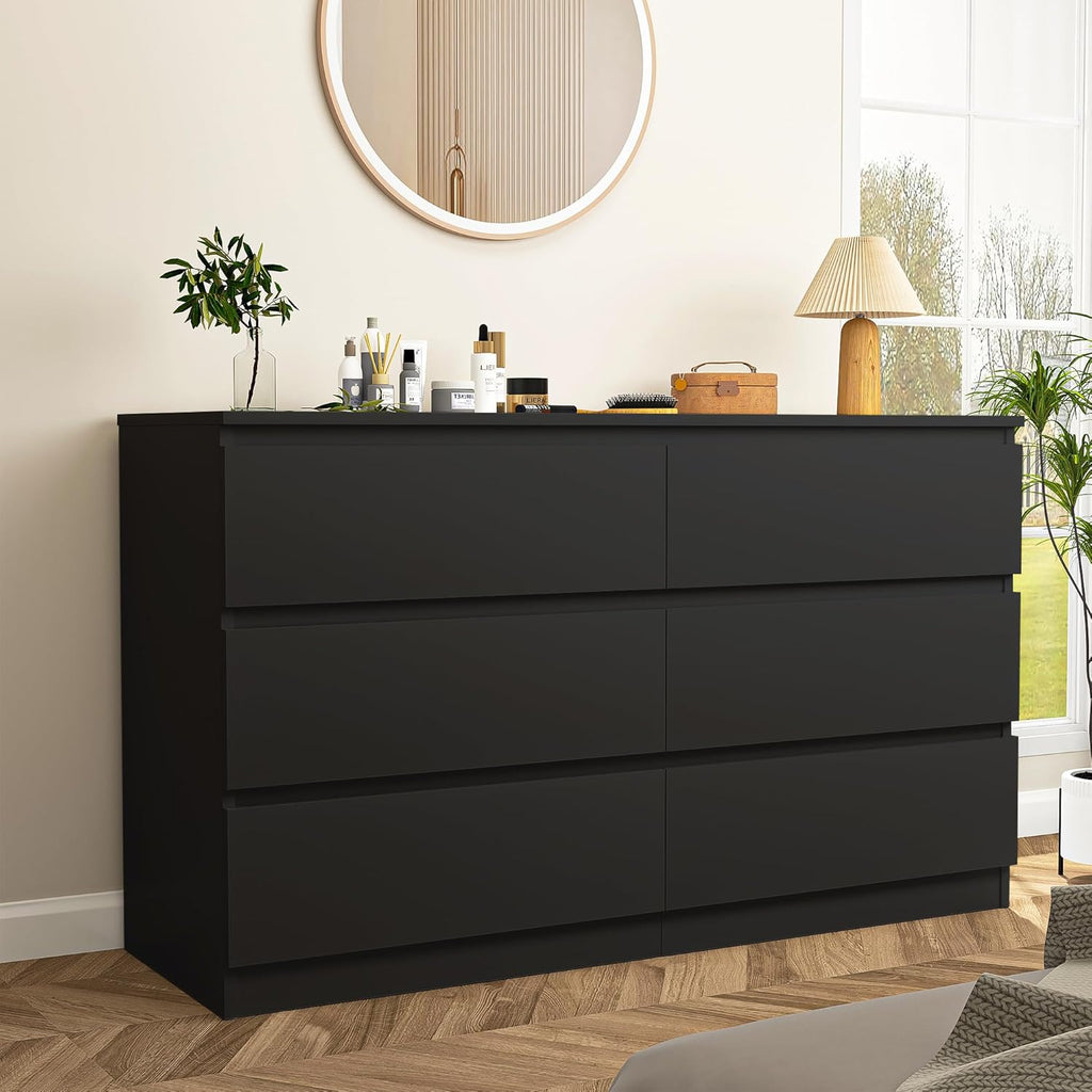 Vibe & Dine 6 Drawer Double Dresser, Modern Chest of Drawers with Wide Storage for Closet, Bedroom, Living Room, Black