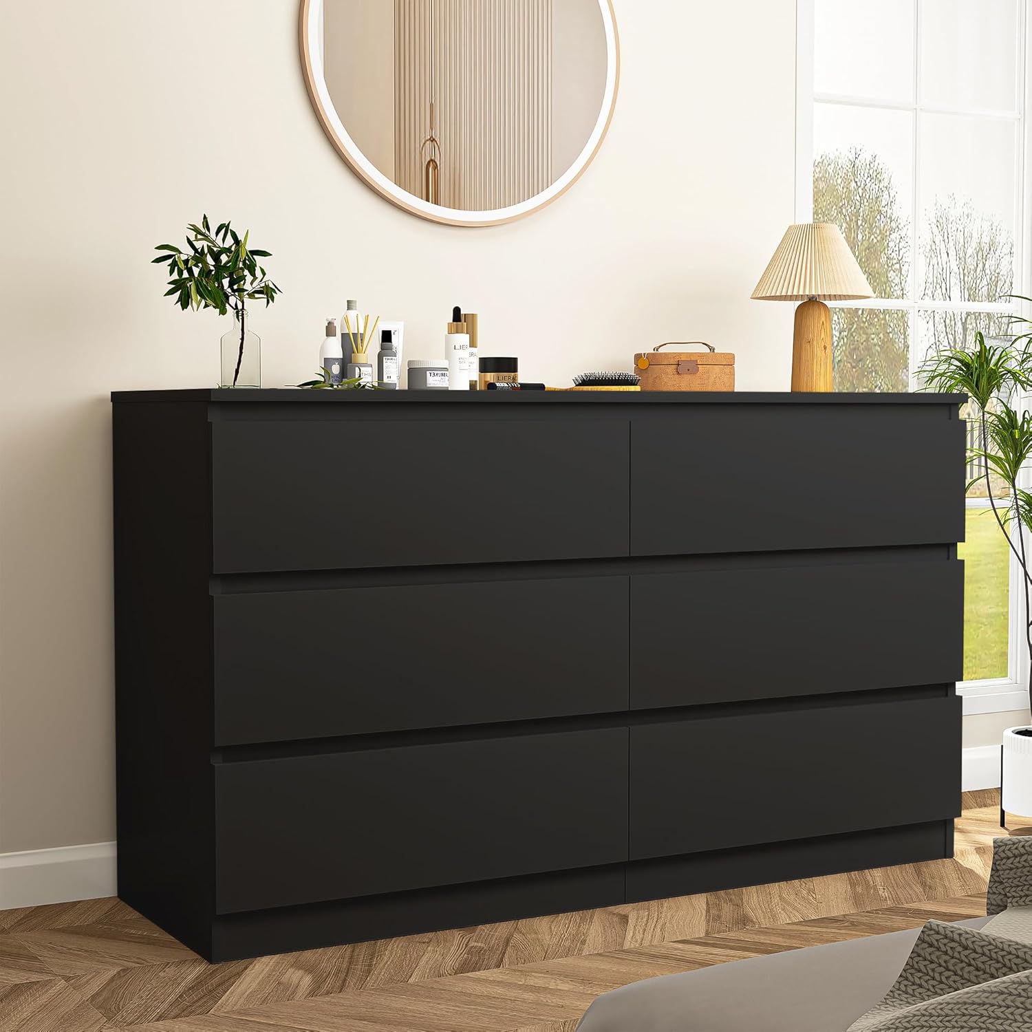 Vibe & Dine 6 Drawer Double Dresser, Modern Chest of Drawers with Wide Storage for Closet, Bedroom, Living Room, Black