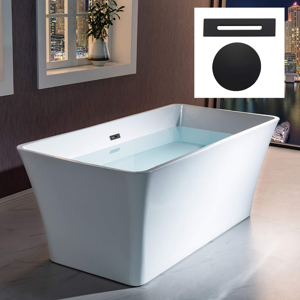 WOODBRIDGE 59' Acrylic Freestanding Bathtub Contemporary Soaking White Tub with Matte Black Overflow and Drain，BTA1509 -MB-Drain &O