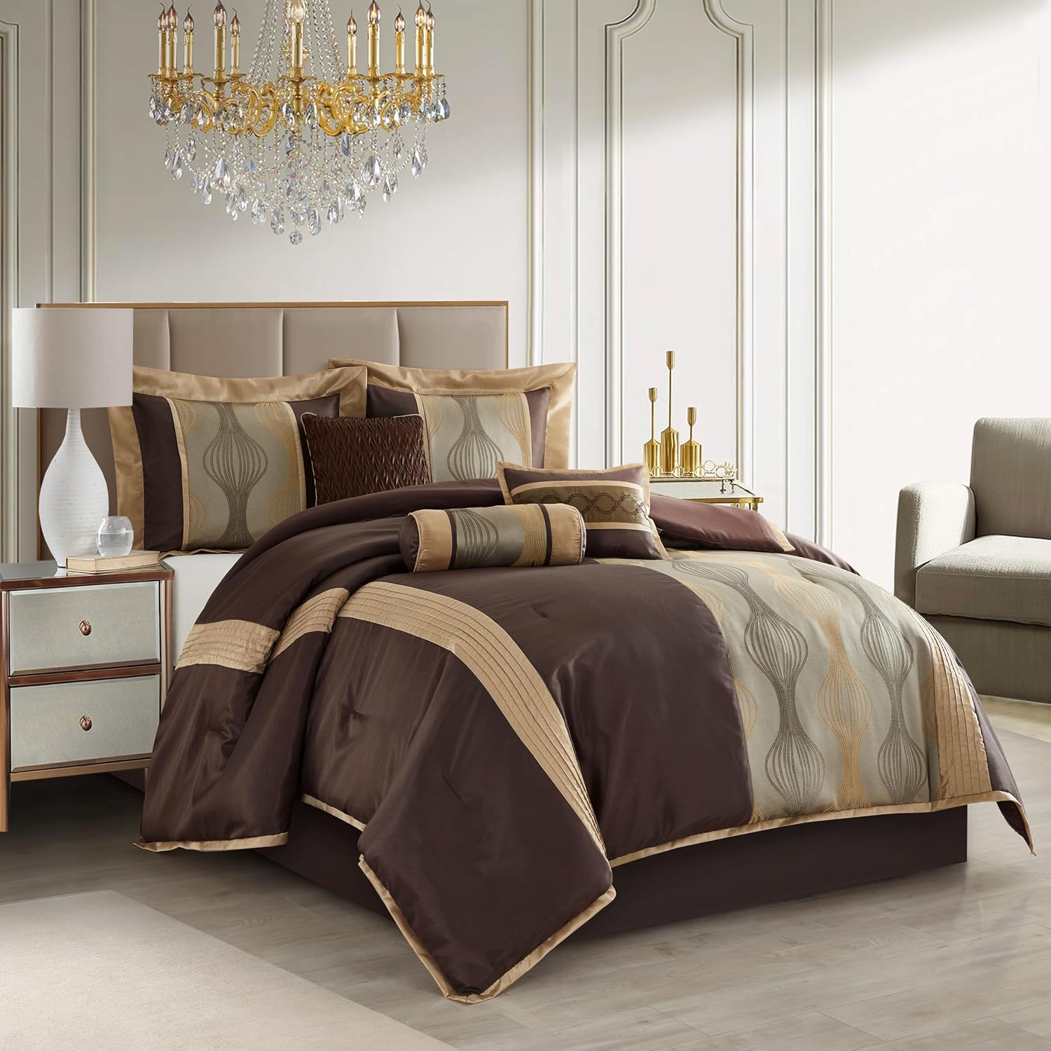 Stratford Park Elegant Brown Comforter Set Queen 7 Piece Bed in a Bag, Striped, Jacquard Bedding Set All Season, Matching Decorative Pillows, Pillow Sham