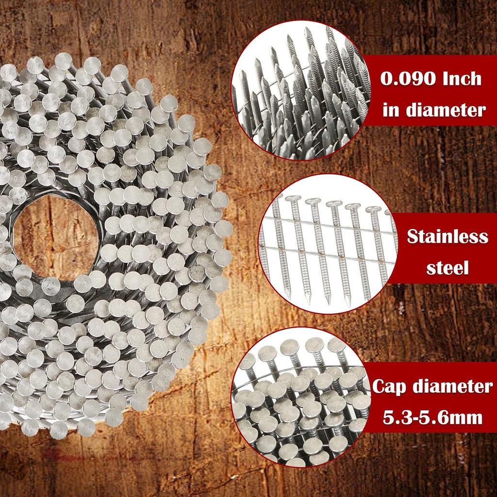 findmall 3600 Count 2-Inch x .090-Inch Ring Shank 304 Stainless Steel Siding Nails 15-Degree Collated Wire Coil for Wood Siding or Fencing Applications
