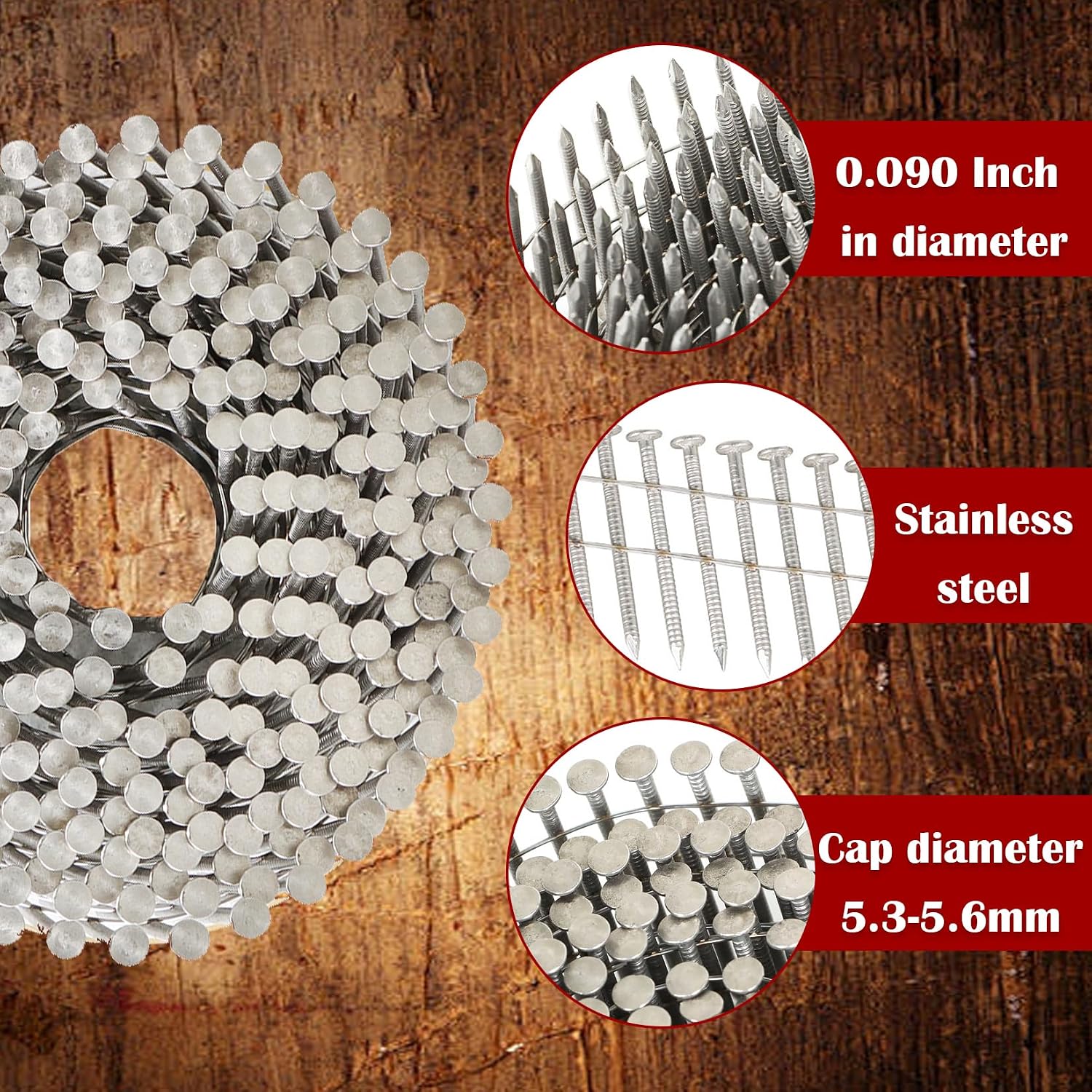 findmall 3600 Count 2-Inch x .090-Inch Ring Shank 304 Stainless Steel Siding Nails 15-Degree Collated Wire Coil for Wood Siding or Fencing Applications