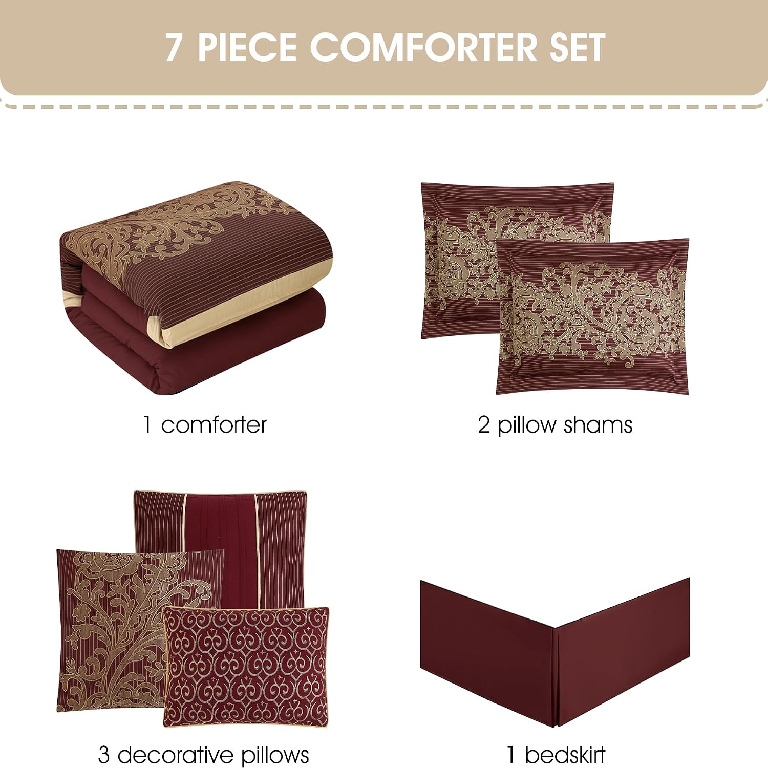 Grand Avenue Geometric Red and Gold Comforter Set California King Size, 7 Piece Jacquard Bedding Set, Ultra-Soft, Bedskirt, Pillows & Shams