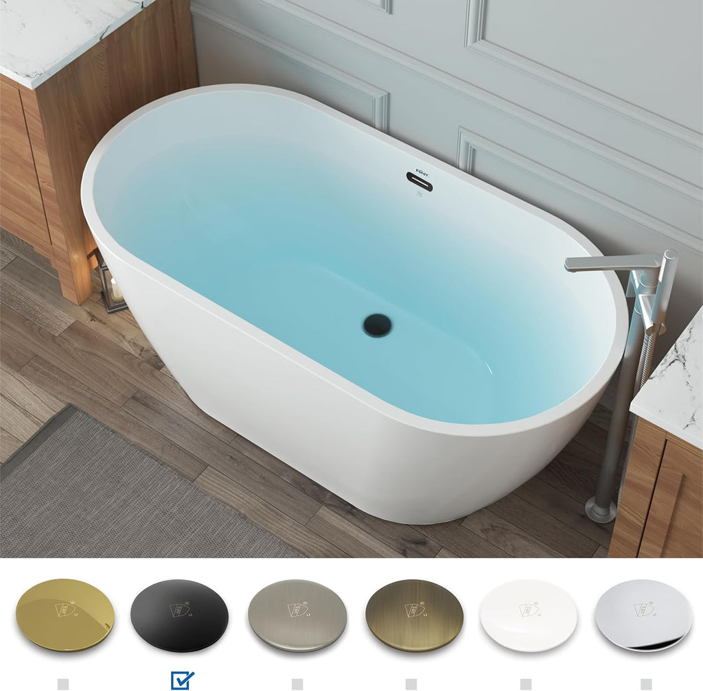 FerdY 55' Bali Acrylic Freestanding Bathtub, Gracefully Shaped Freestanding Soaking Bathtub, cUPC Certified, Toe-Tap Matte Black Drain and Matte Black Overflow Included