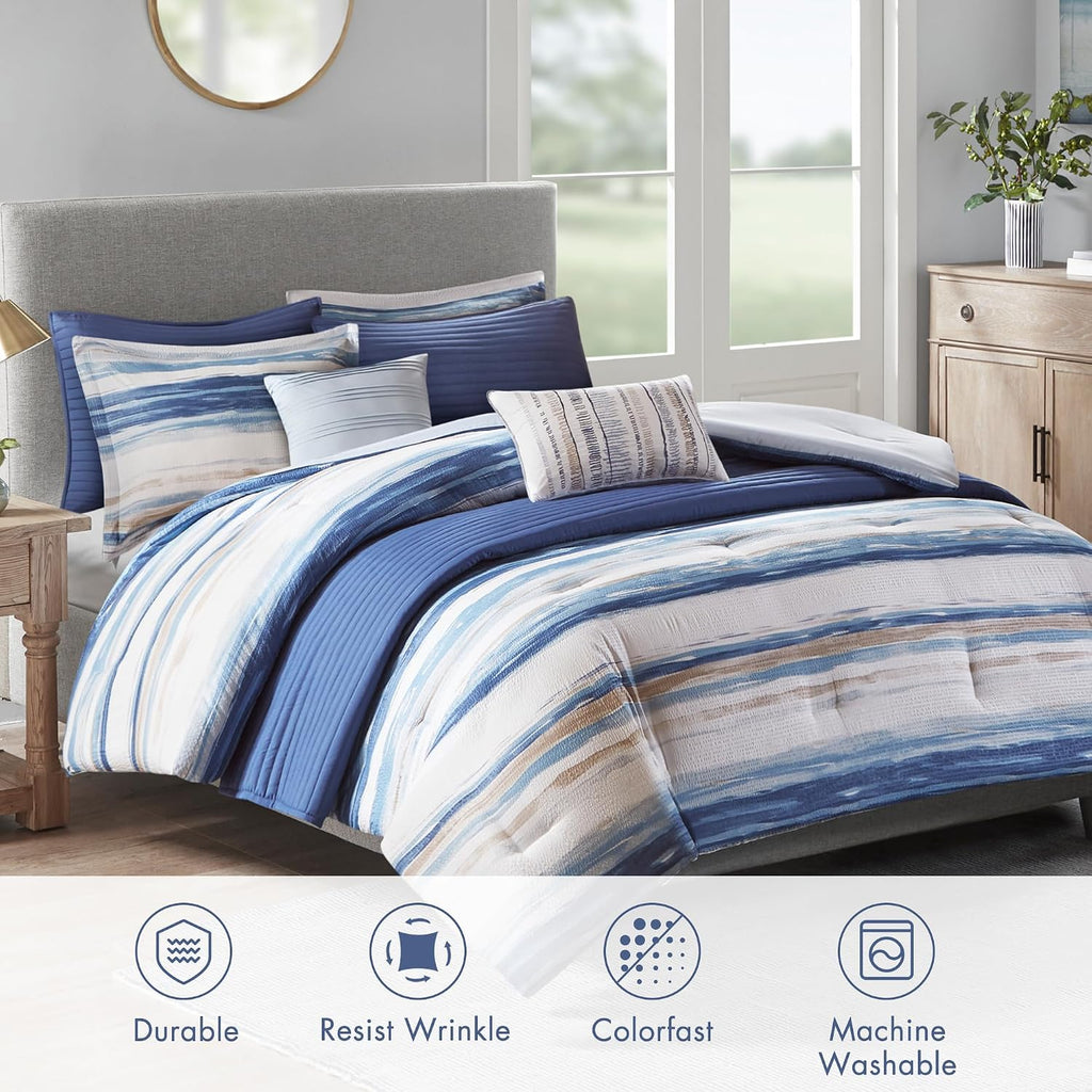 Madison Park Marina Comforter Quilt Combo Set - Modern Luxury Design, All Season Down Alternative Bedding, Matching Shams, Decorative Pillows, King/Cal King(104'x92') Seersucker Blue 8 Piece
