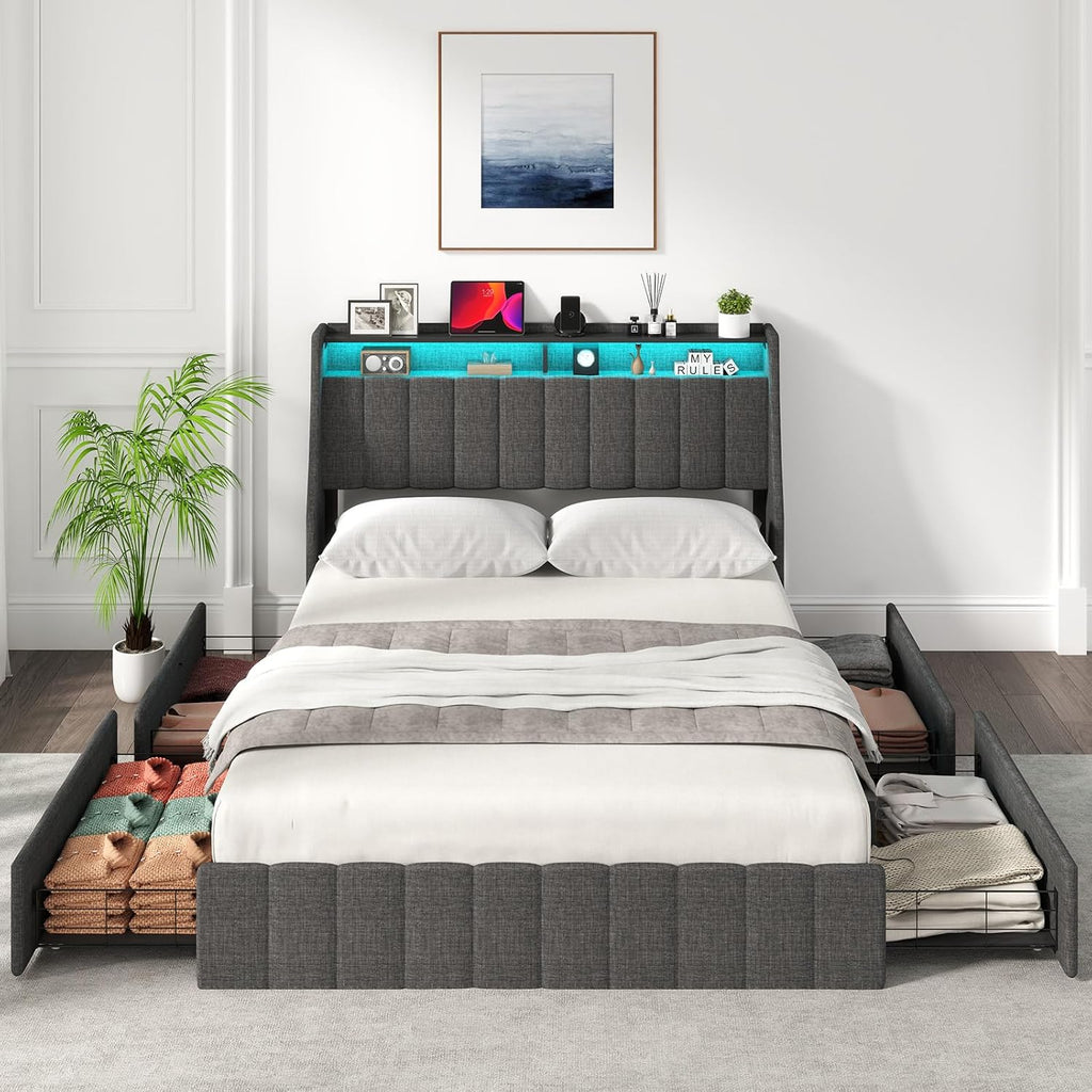 Zevemomo Queen Bed Frame with 4 Storage Drawers, Upholstered Queen Size Bed Frames with Headboard, Queen Size Bed Frame with LED Lights, Dark Grey