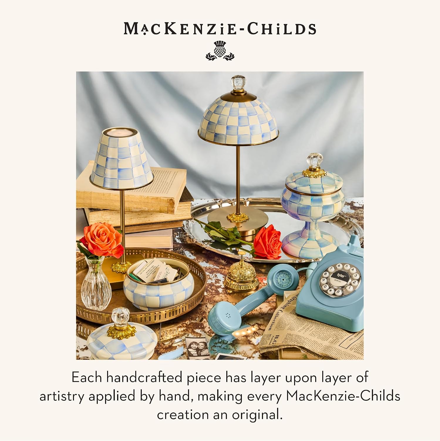 MACKENZIE-CHILDS Enamel Curiosity Pot, Decorative Container for Home Decor, Light-Blue-and-White Sky Check