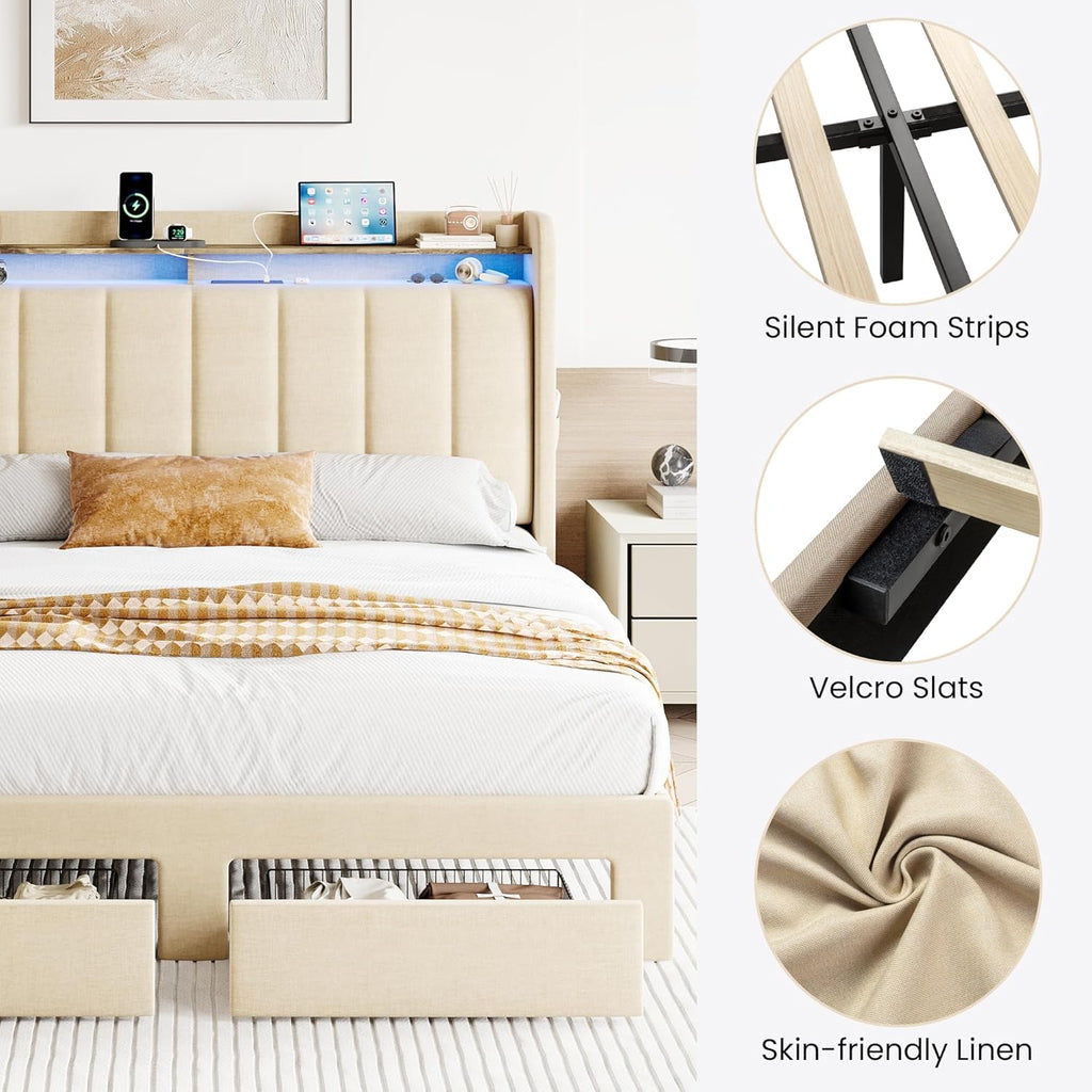 SHA CERLIN Queen Platform Bed Frame with Vertical Channel Tufted Wingback Headboard & 2 Storage Drawers/2-Tier Shelves with LED Lights & Charging Station/Noise-Free/No Box Spring Needed/Beige