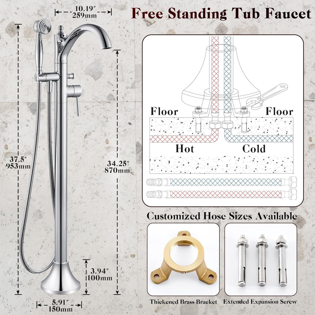 Free Standing Tub Faucet, Classic Freestanding Bathtub Faucet with Vintage Hand Shower Brass High Flow Rate Floor Mount Tub Filler Swivel Spout Soaker Tub Faucets Polished Chrome (WT-9002CP)