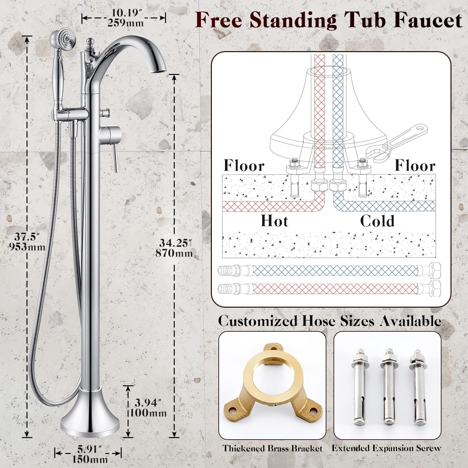 Free Standing Tub Faucet, Classic Freestanding Bathtub Faucet with Vintage Hand Shower Brass High Flow Rate Floor Mount Tub Filler Swivel Spout Soaker Tub Faucets Polished Chrome (WT-9002CP)