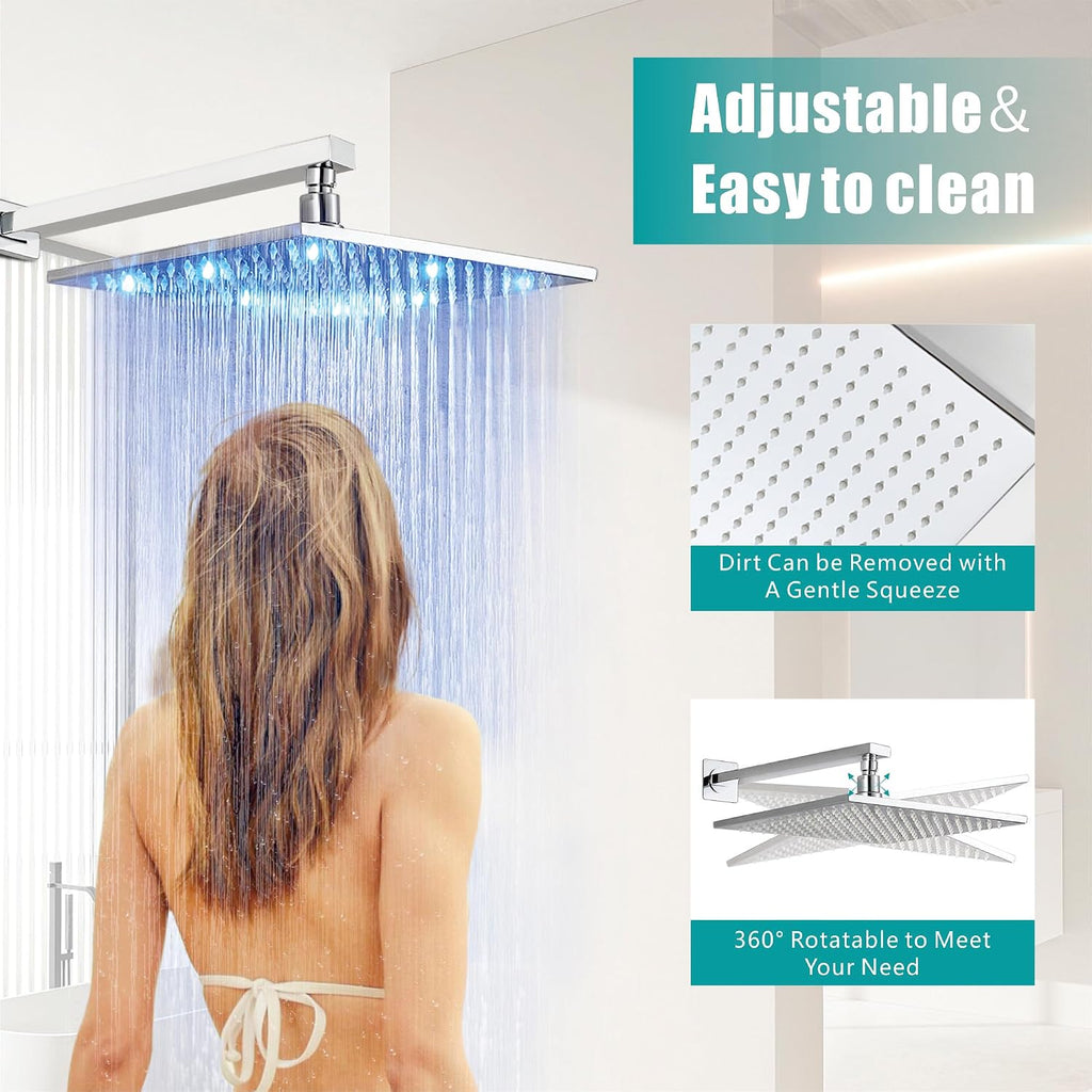 SKOWLL Shower Faucet Set with Handheld, Wall Mount 12 Inch Chrome Shower Head System, LED Overhead Shower Combo Set Rough-in Valve and Trim Included