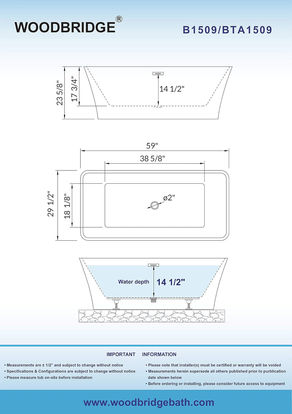 WOODBRIDGE 59' Freestanding White Acylic Soaking Bathtub with ORB Drain and Overflow,BTS1509-ORB-Drain&O