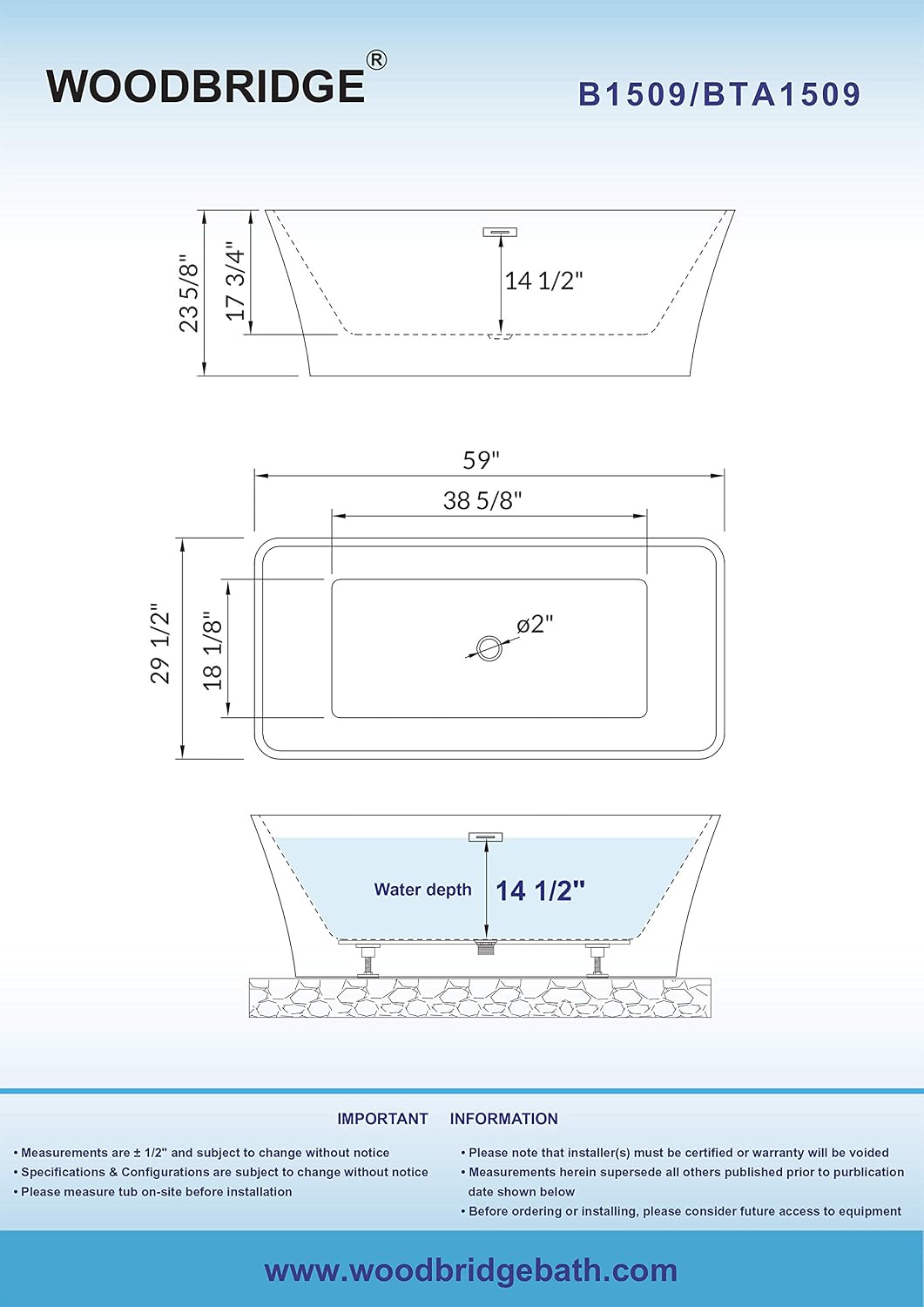WOODBRIDGE 59' Freestanding White Acylic Soaking Bathtub with ORB Drain and Overflow,BTS1509-ORB-Drain&O