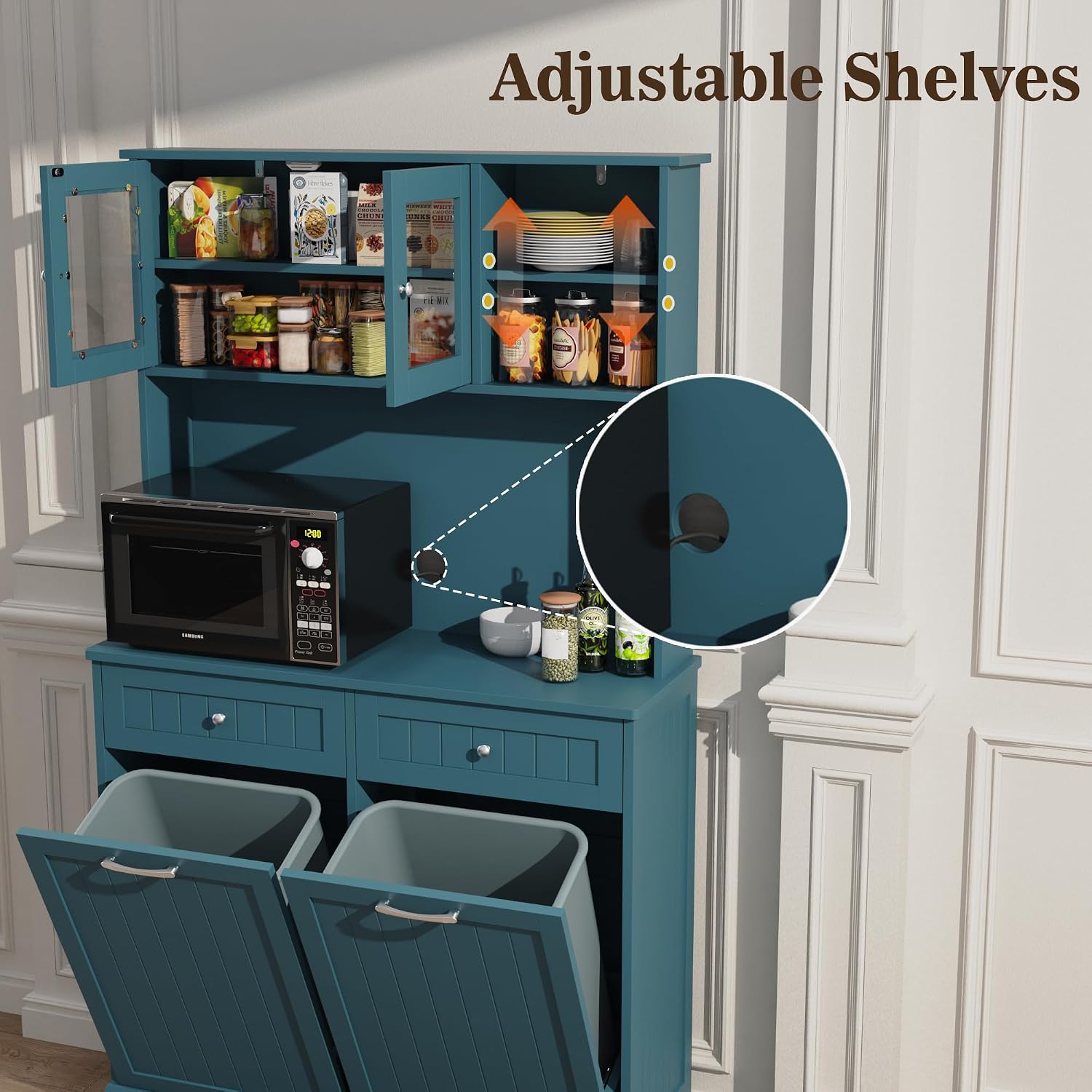 Double Tilt Out Trash Cabinet Storage Cabinet 20 Gallon with Two Solid Wood Hideaway Trash Holder Drawers, Dual Wooden Free Standing Recycling Cabinets Can Bin Kitchen (Teal Blue)